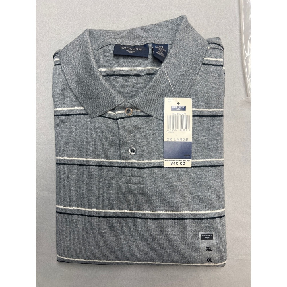 Dockers Mens XXL Long Sleeve Polo Shirt Gray Striped 100% Cotton NWT 927971-306